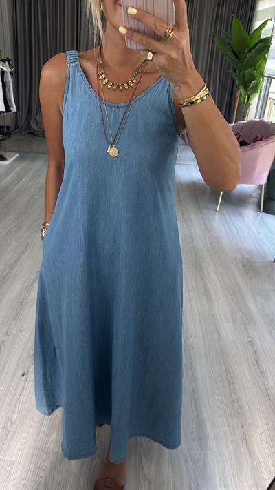 %100 Pamuk Büzgü Askılı Denim Tencel Elbise