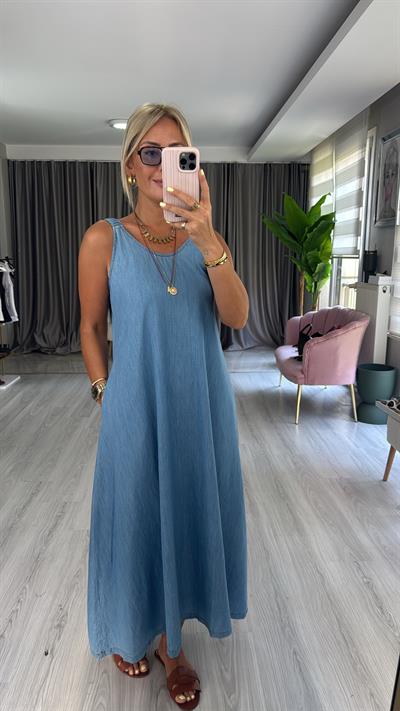 %100 Pamuk Büzgü Askılı Denim Tencel Elbise