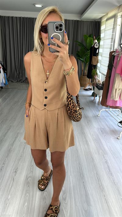 %100 PAMUK KETEN CAMEL ŞORT YELEK TAKIM