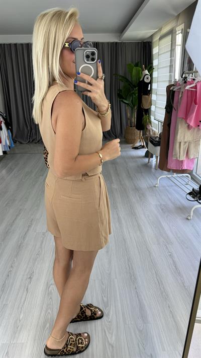 %100 PAMUK KETEN CAMEL ŞORT YELEK TAKIM
