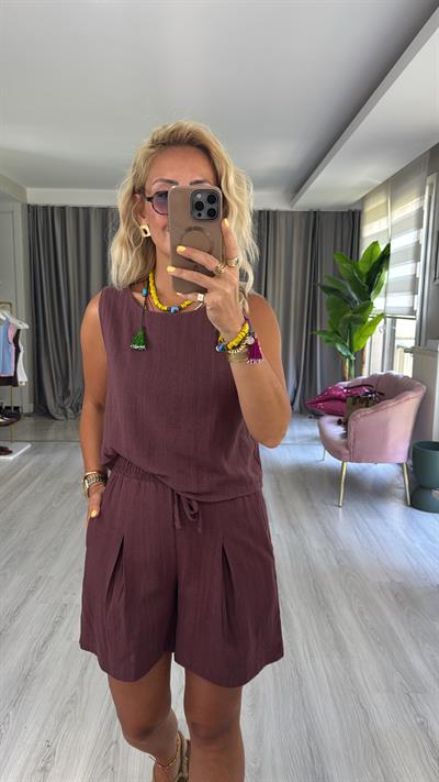 %100 Pamuk Keten Mürdüm Takım