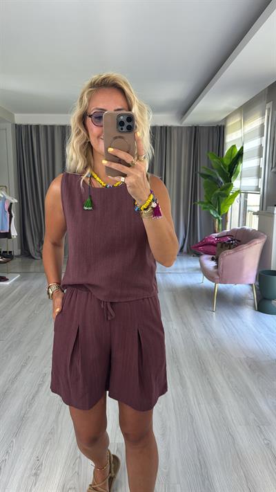 %100 Pamuk Keten Mürdüm Takım