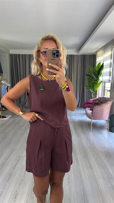 %100 Pamuk Keten Mürdüm Takım