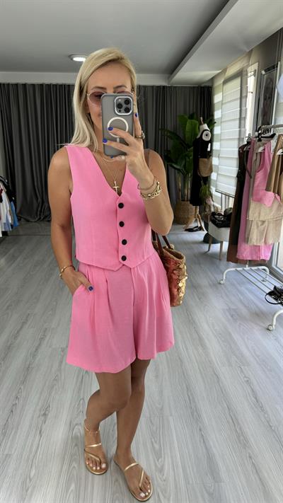 %100 PAMUK KETEN PEMBE ŞORT YELEK TAKIM
