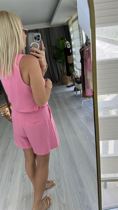 %100 PAMUK KETEN PEMBE ŞORT YELEK TAKIM