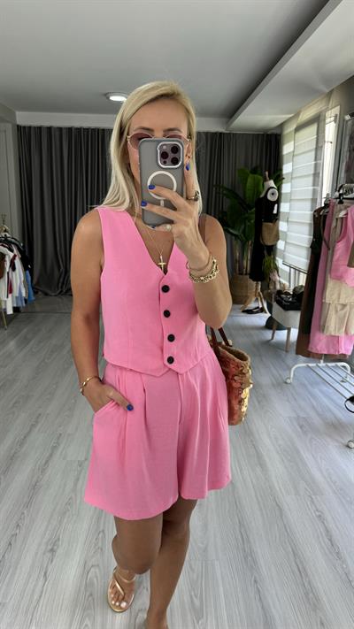 %100 PAMUK KETEN PEMBE ŞORT YELEK TAKIM