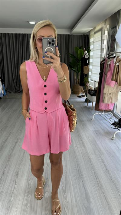 %100 PAMUK KETEN PEMBE ŞORT YELEK TAKIM