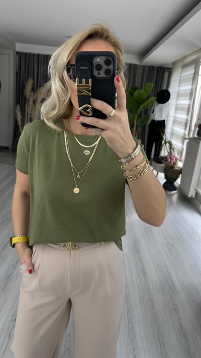 %100 PAMUKLU ARKASI UZUN HAKİ TİŞÖRT