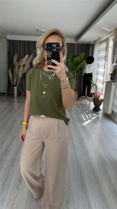 %100 PAMUKLU ARKASI UZUN HAKİ TİŞÖRT