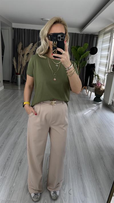 %100 PAMUKLU ARKASI UZUN HAKİ TİŞÖRT