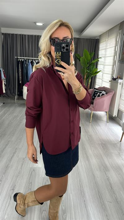 %100 Pamuklu Bordo Poplin Gömlek