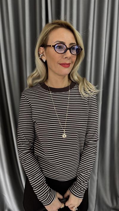 %100 Pamuklu Ekru Çizgili Acı Kahve T-shirt