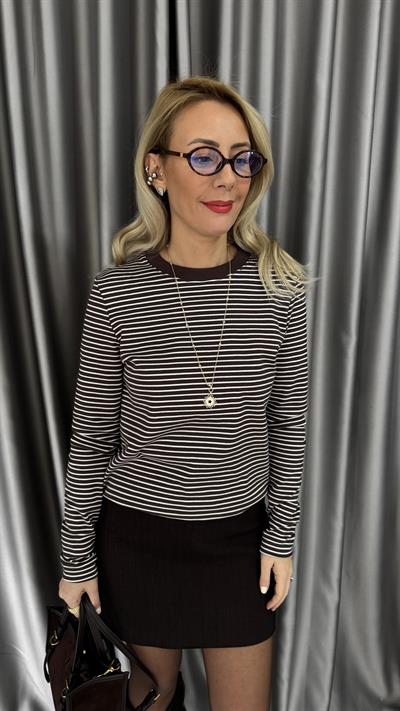 %100 Pamuklu Ekru Çizgili Acı Kahve T-shirt