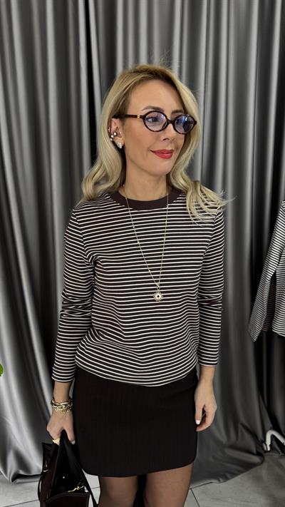 %100 Pamuklu Ekru Çizgili Acı Kahve T-shirt