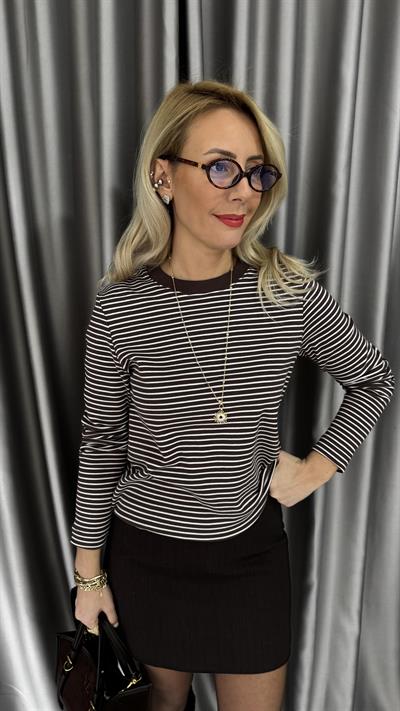 %100 Pamuklu Ekru Çizgili Acı Kahve T-shirt