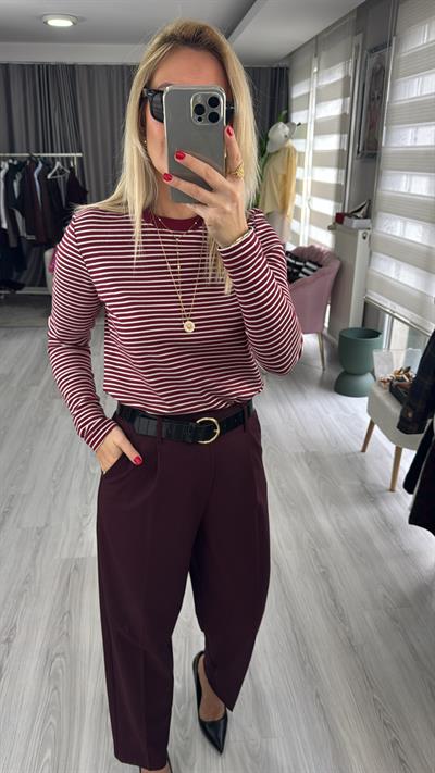 %100 Pamuklu Ekru Çizgili Bordo T-shirt