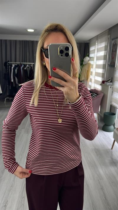 %100 Pamuklu Ekru Çizgili Bordo T-shirt