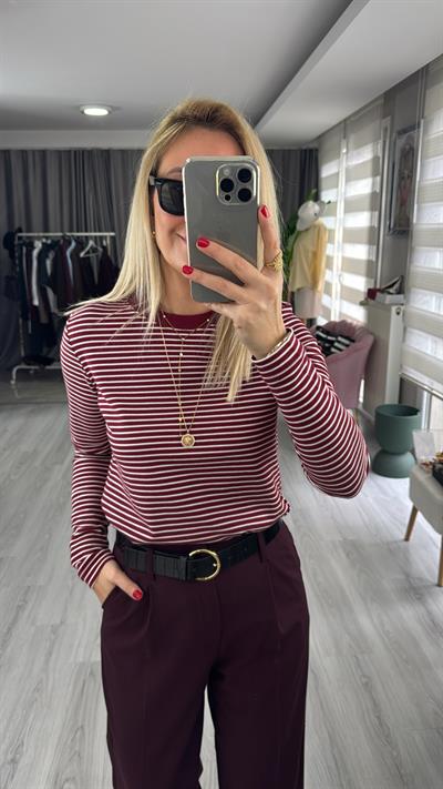 %100 Pamuklu Ekru Çizgili Bordo T-shirt