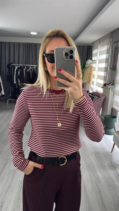 %100 Pamuklu Ekru Çizgili Bordo T-shirt