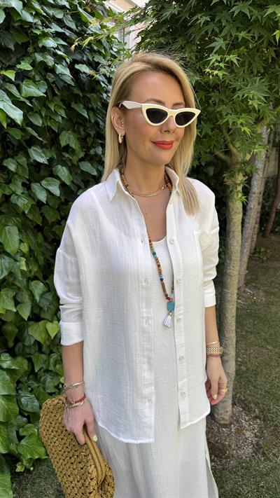 %100 Pamuklu Ekru Müslin Gömlek