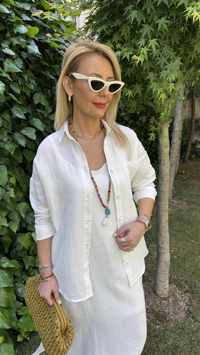 %100 Pamuklu Ekru Müslin Gömlek