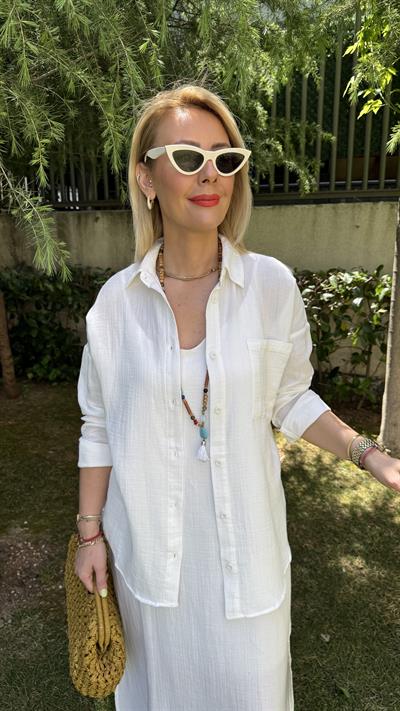 %100 Pamuklu Ekru Müslin Gömlek