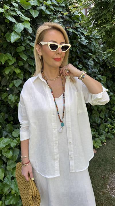 %100 Pamuklu Ekru Müslin Gömlek