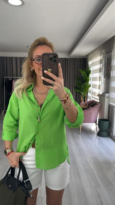 %100 Pamuklu Fıstık Yeşili Tiril Poplin Gömlek