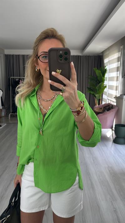 %100 Pamuklu Fıstık Yeşili Tiril Poplin Gömlek