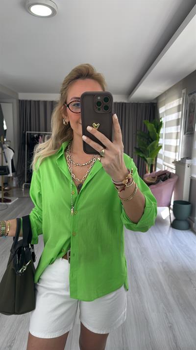 %100 Pamuklu Fıstık Yeşili Tiril Poplin Gömlek