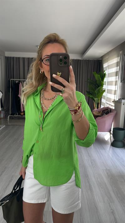 %100 Pamuklu Fıstık Yeşili Tiril Poplin Gömlek