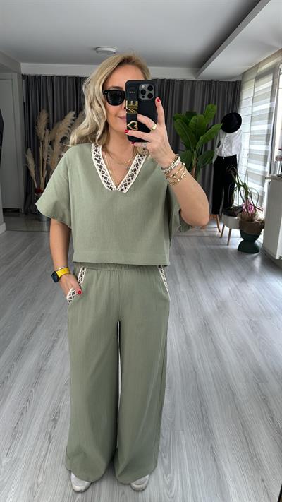 %100 PAMUKLU İŞLEME DETAYLI SU YEŞİLİ TAKIM