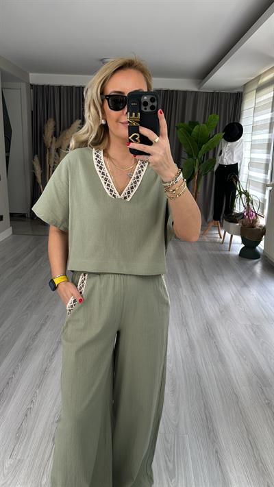 %100 PAMUKLU İŞLEME DETAYLI SU YEŞİLİ TAKIM