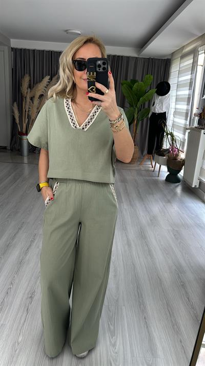 %100 PAMUKLU İŞLEME DETAYLI SU YEŞİLİ TAKIM