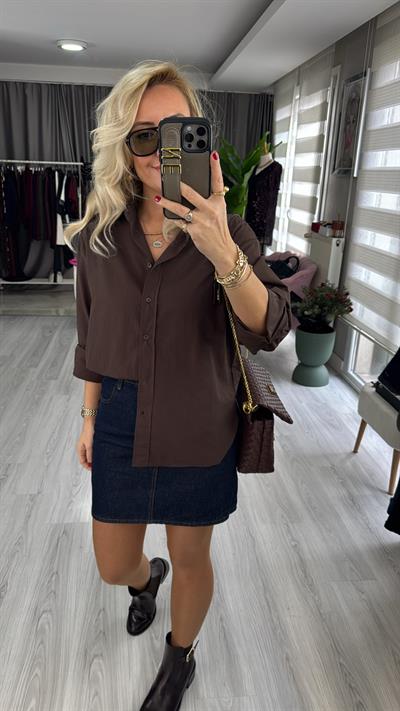 %100 Pamuklu Kahverengi Poplin Gömlek