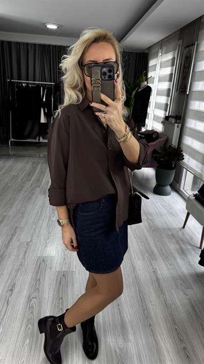 %100 Pamuklu Kahverengi Poplin Gömlek