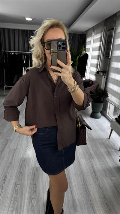 %100 Pamuklu Kahverengi Poplin Gömlek