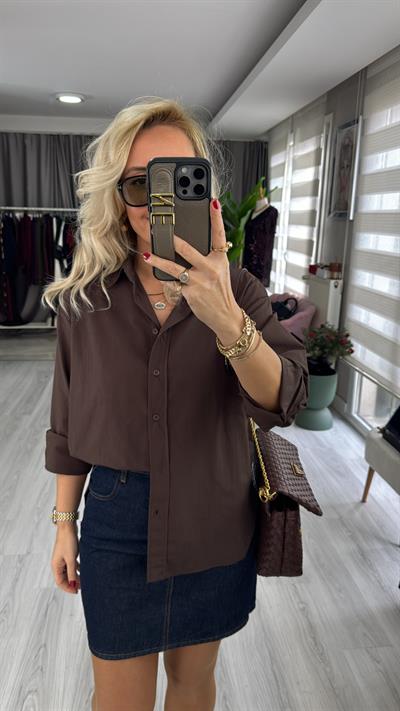 %100 Pamuklu Kahverengi Poplin Gömlek