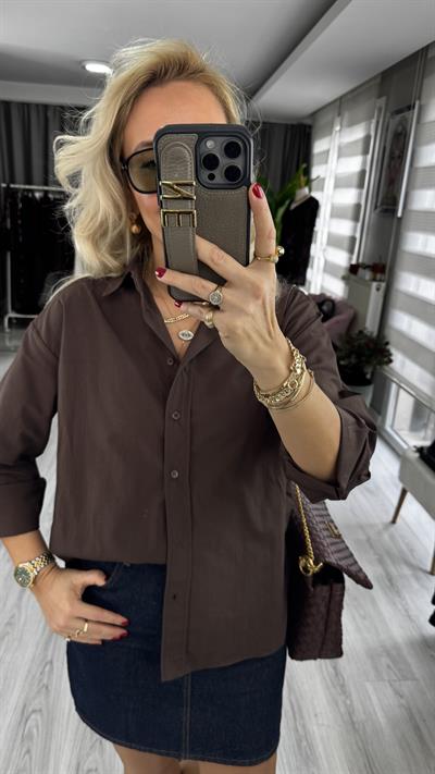 %100 Pamuklu Kahverengi Poplin Gömlek