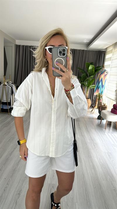 %100 PAMUKLU KETEN DOKULU DİKEY ÇİZGİ DETAYLI KIRIK BEYAZ GÖMLEK