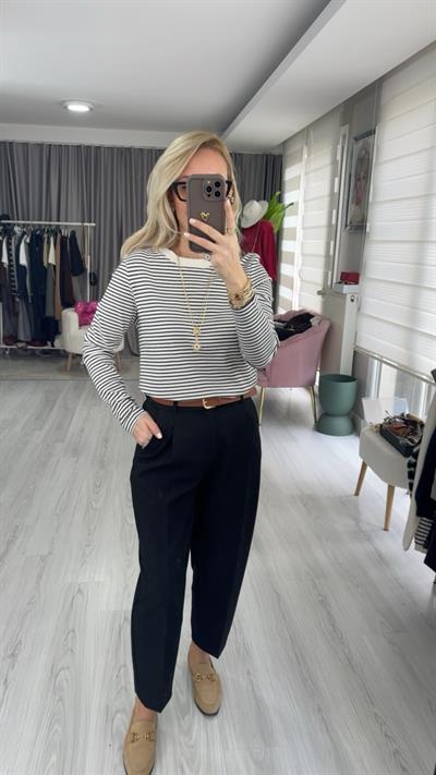 %100 Pamuklu Lacivert Çizgili Ekru T-shirt