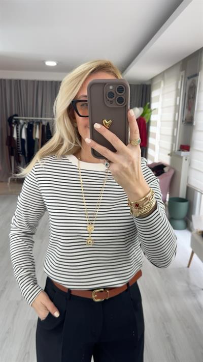 %100 Pamuklu Lacivert Çizgili Ekru T-shirt