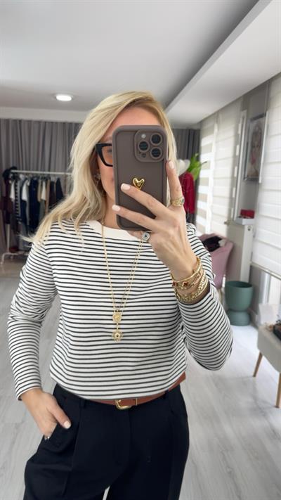 %100 Pamuklu Lacivert Çizgili Ekru T-shirt