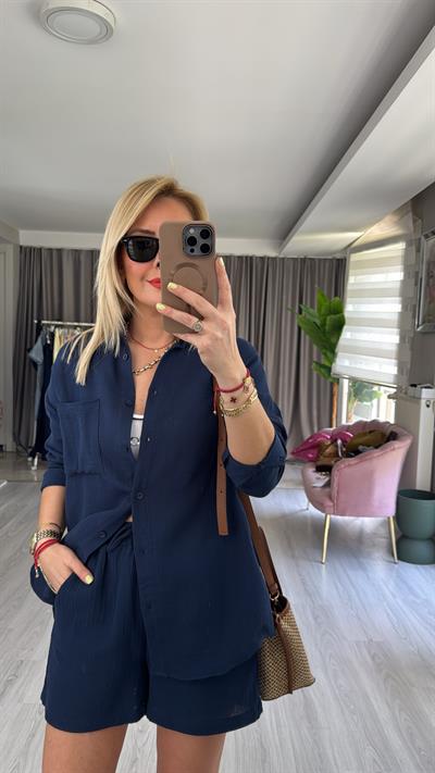 %100 Pamuklu Lacivert Müslin Gömlek