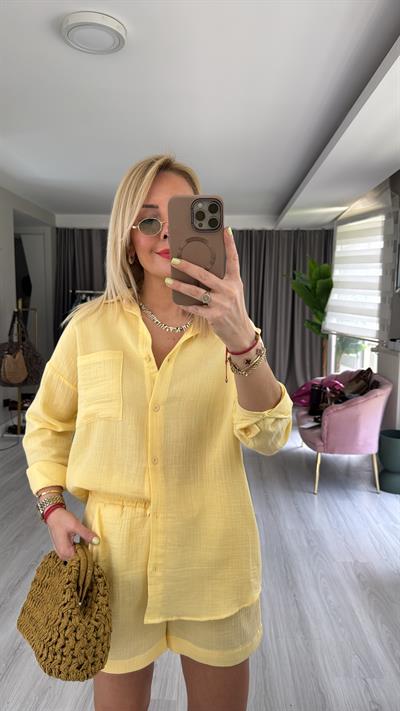 %100 Pamuklu Sarı Müslin Gömlek