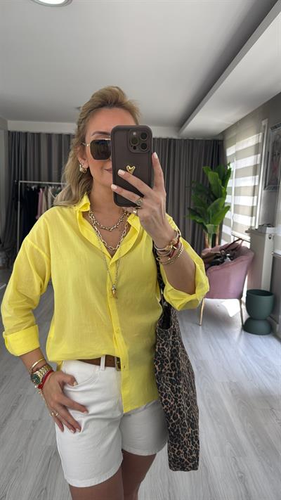 %100 Pamuklu Sarı Tiril Poplin Gömlek