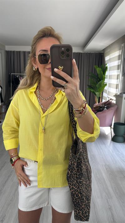 %100 Pamuklu Sarı Tiril Poplin Gömlek