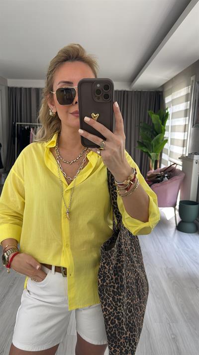 %100 Pamuklu Sarı Tiril Poplin Gömlek