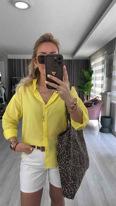 %100 Pamuklu Sarı Tiril Poplin Gömlek