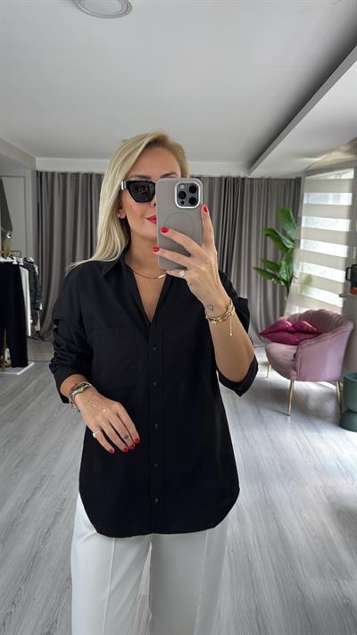 %100 Pamuklu Siyah Poplin Gömlek